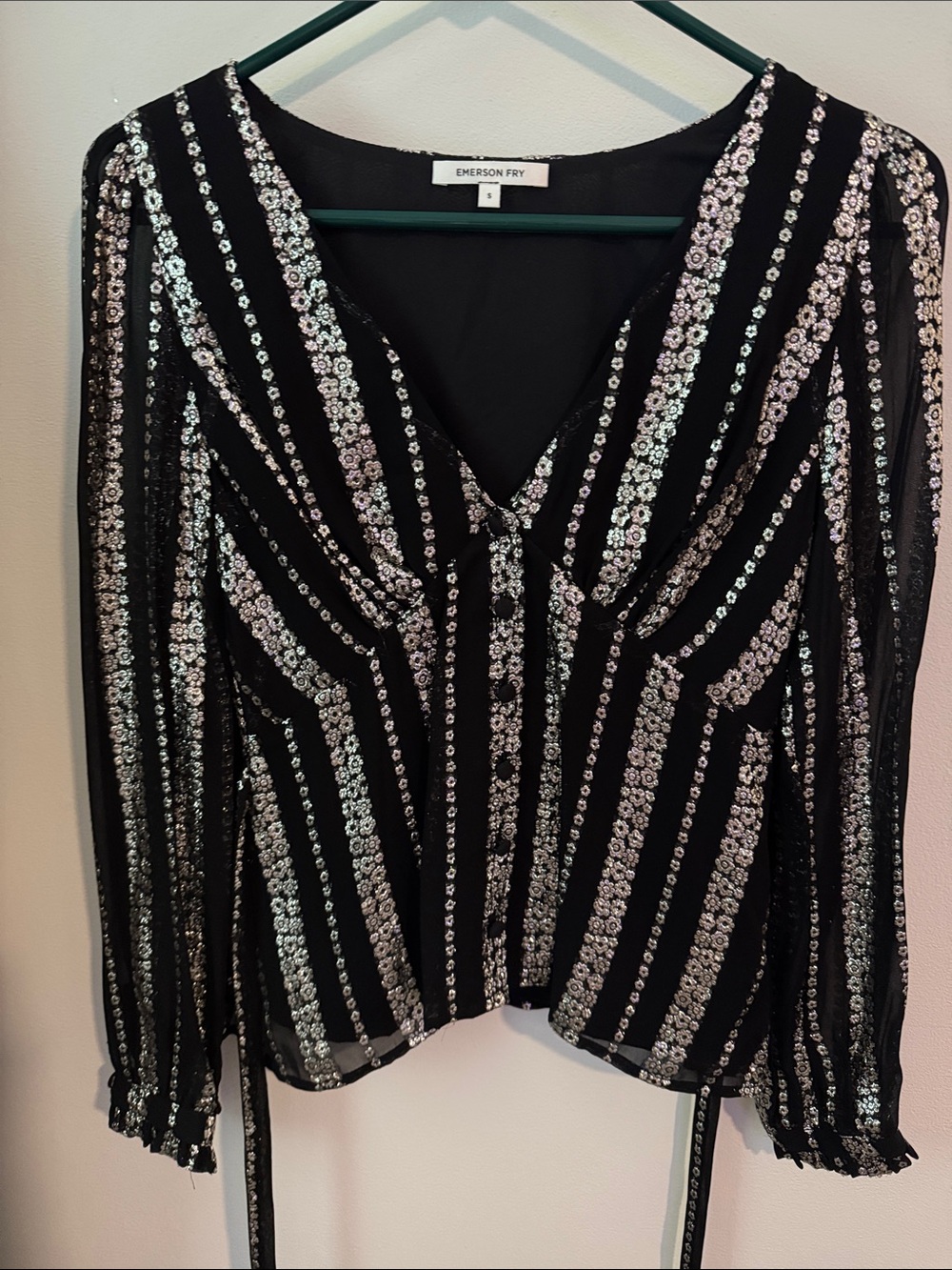 Emerson Fry Black Sequin-Striped Tie-Front Blouse
